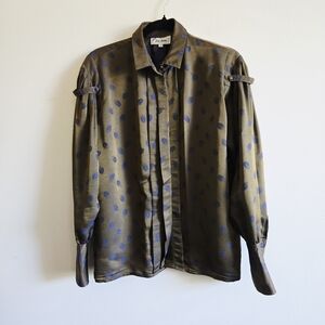 JAC DALE I Vintage US 40 Olive Brown Blouse With Blue Pattern